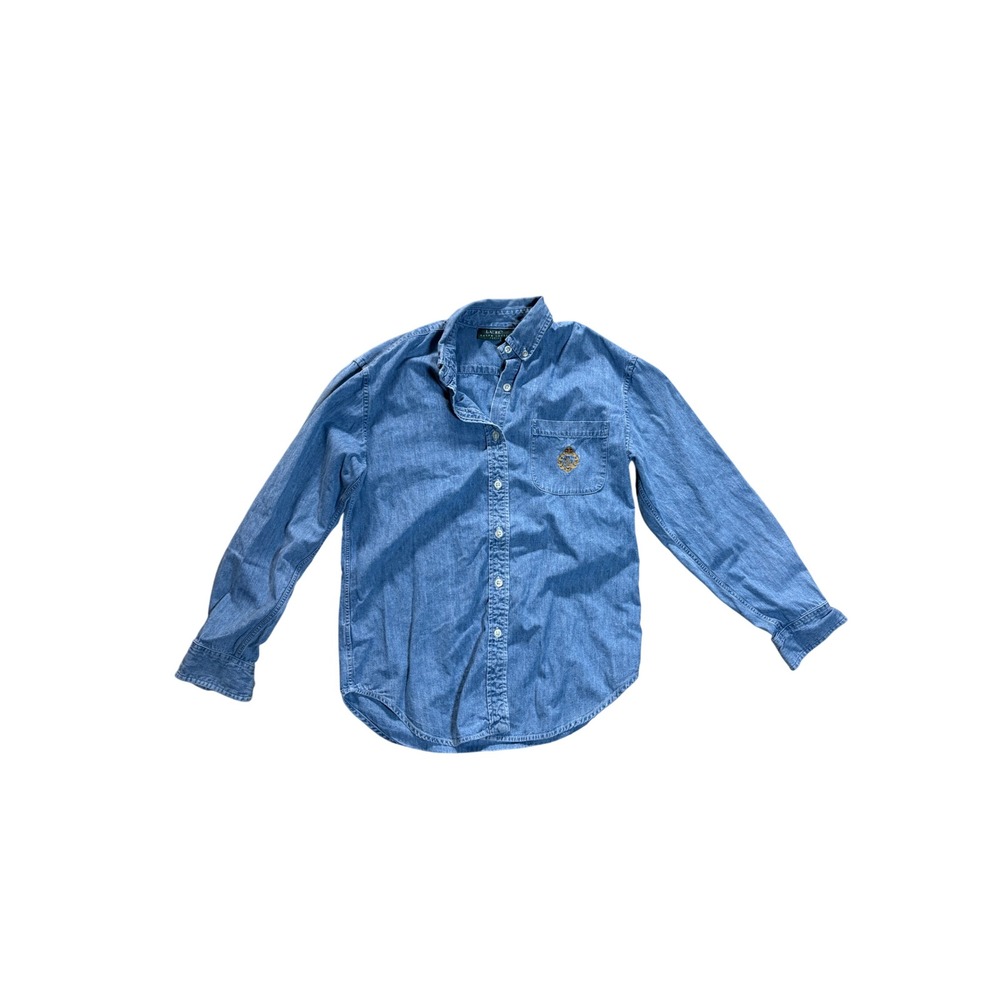Vintage Lauren Ralph Lauren Womens Petite Denim Button Down Crest Logo Shirt